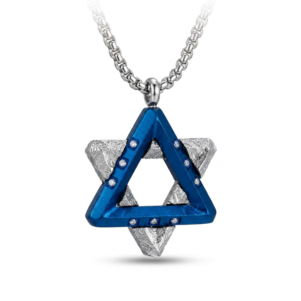 Star of David Meteorite Pendant Necklace, Jewish Protection Necklace, Blue Triangle,28.5*21.6*3.5mm, Genuine Space Stone, Gift for Men Women