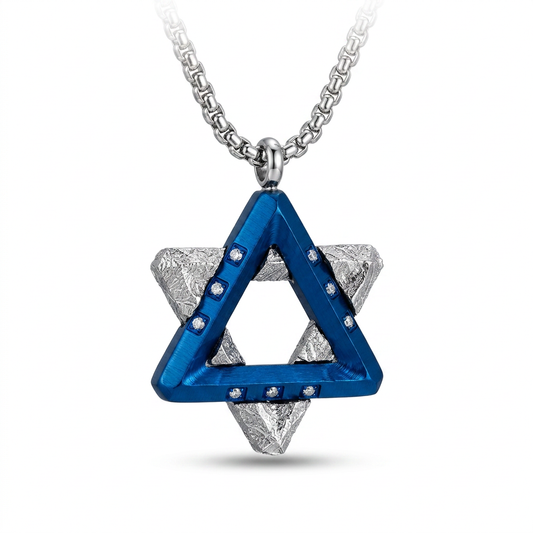 Star of David Meteorite Pendant Necklace, Jewish Protection Necklace, Blue Triangle,28.5*21.6*3.5mm, Genuine Space Stone, Gift for Men Women