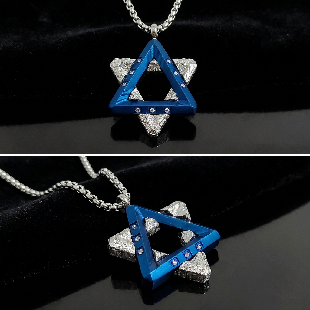 Star of David Meteorite Pendant Necklace, Jewish Protection Necklace, Blue Triangle,28.5*21.6*3.5mm, Genuine Space Stone, Gift for Men Women
