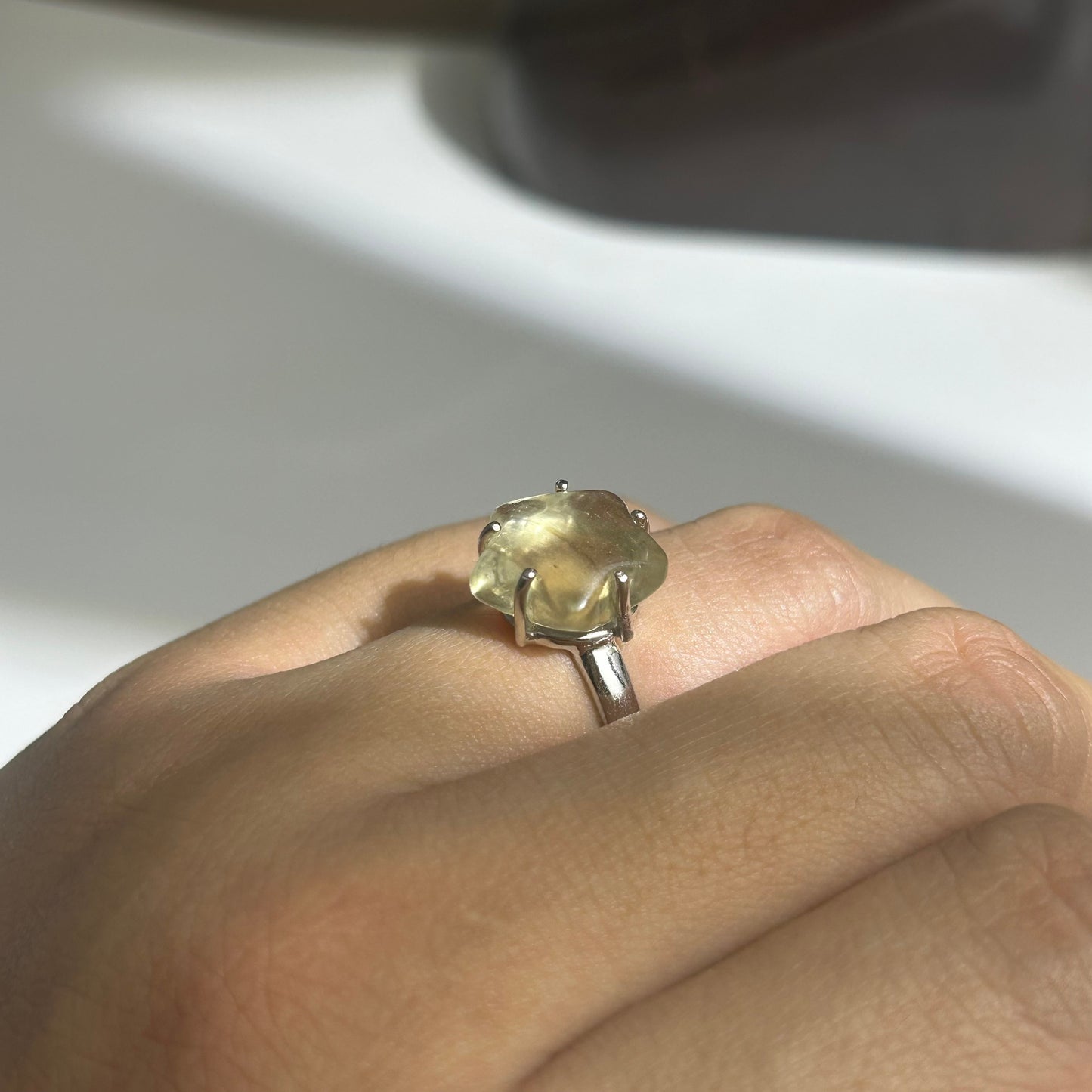 Libyan Desert Glass Ring, Pyramid Tetrahedron Statement Ring, Meteorite Impact Glass, Champagne Tektite, 925 Silver Gold Tone, Adjustable