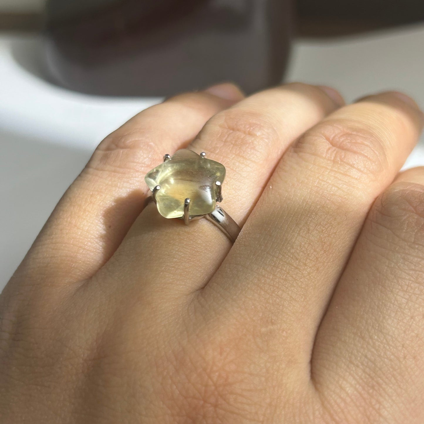 Libyan Desert Glass Ring, Pyramid Tetrahedron Statement Ring, Meteorite Impact Glass, Champagne Tektite, 925 Silver Gold Tone, Adjustable