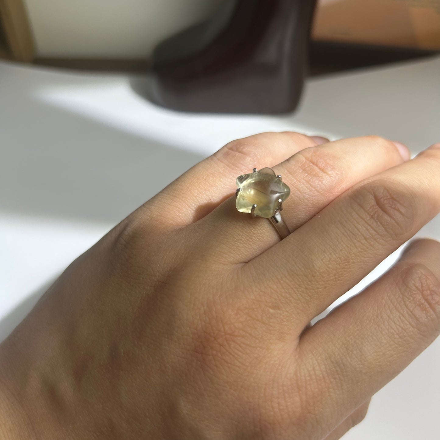 Libyan Desert Glass Ring, Pyramid Tetrahedron Statement Ring, Meteorite Impact Glass, Champagne Tektite, 925 Silver Gold Tone, Adjustable