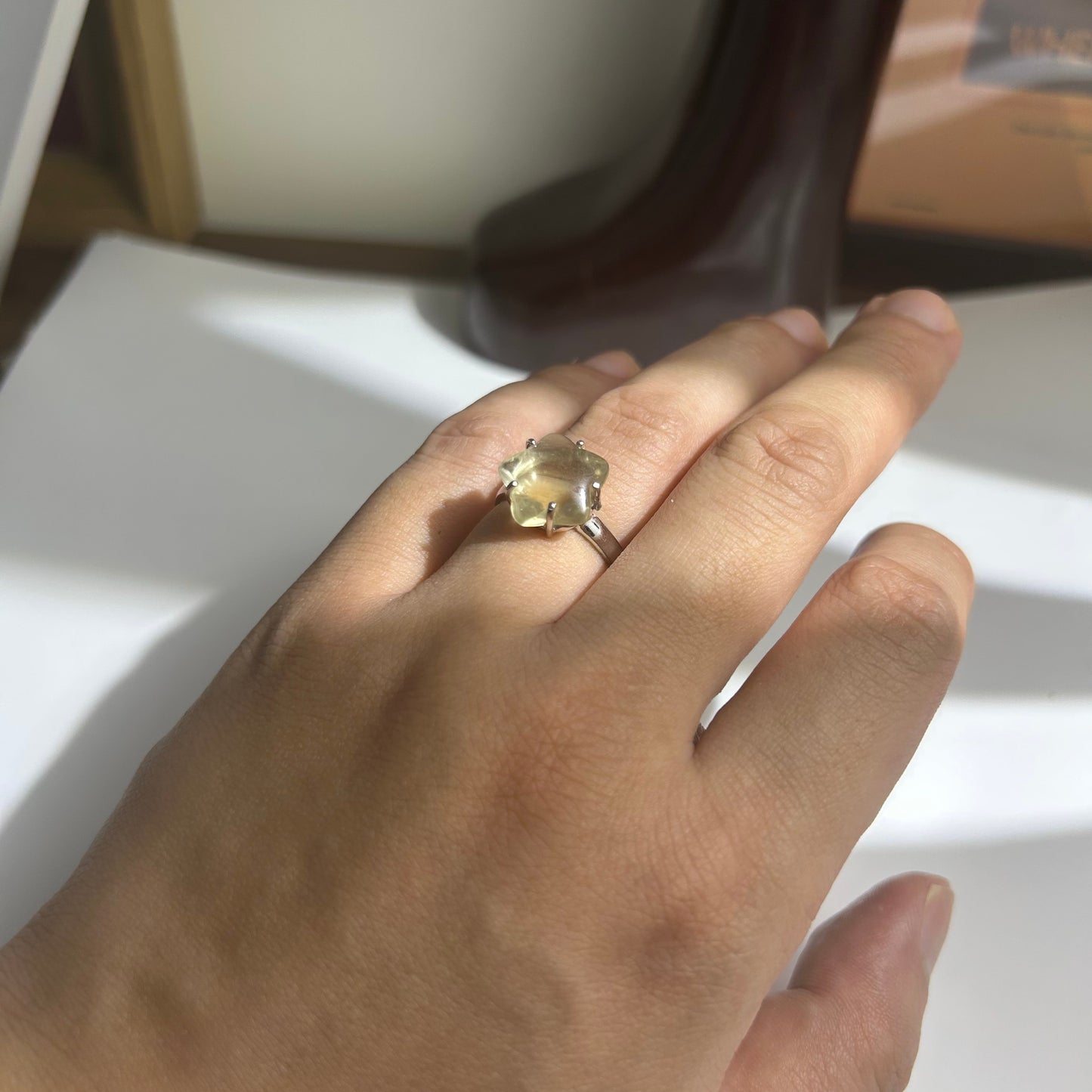 Libyan Desert Glass Ring, Pyramid Tetrahedron Statement Ring, Meteorite Impact Glass, Champagne Tektite, 925 Silver Gold Tone, Adjustable