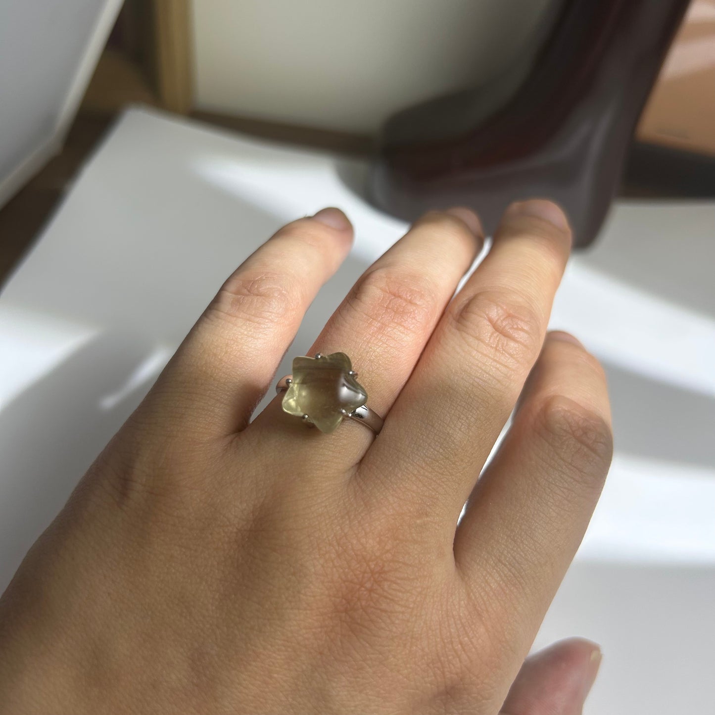 Libyan Desert Glass Ring, Pyramid Tetrahedron Statement Ring, Meteorite Impact Glass, Champagne Tektite, 925 Silver Gold Tone, Adjustable