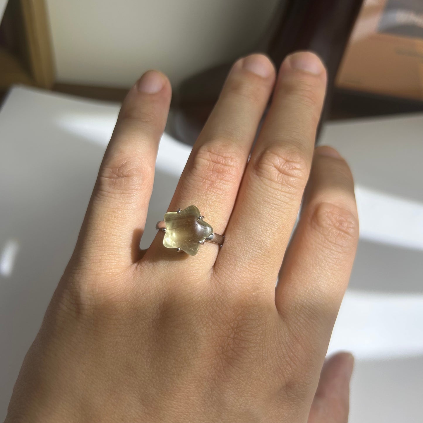 Libyan Desert Glass Ring, Pyramid Tetrahedron Statement Ring, Meteorite Impact Glass, Champagne Tektite, 925 Silver Gold Tone, Adjustable