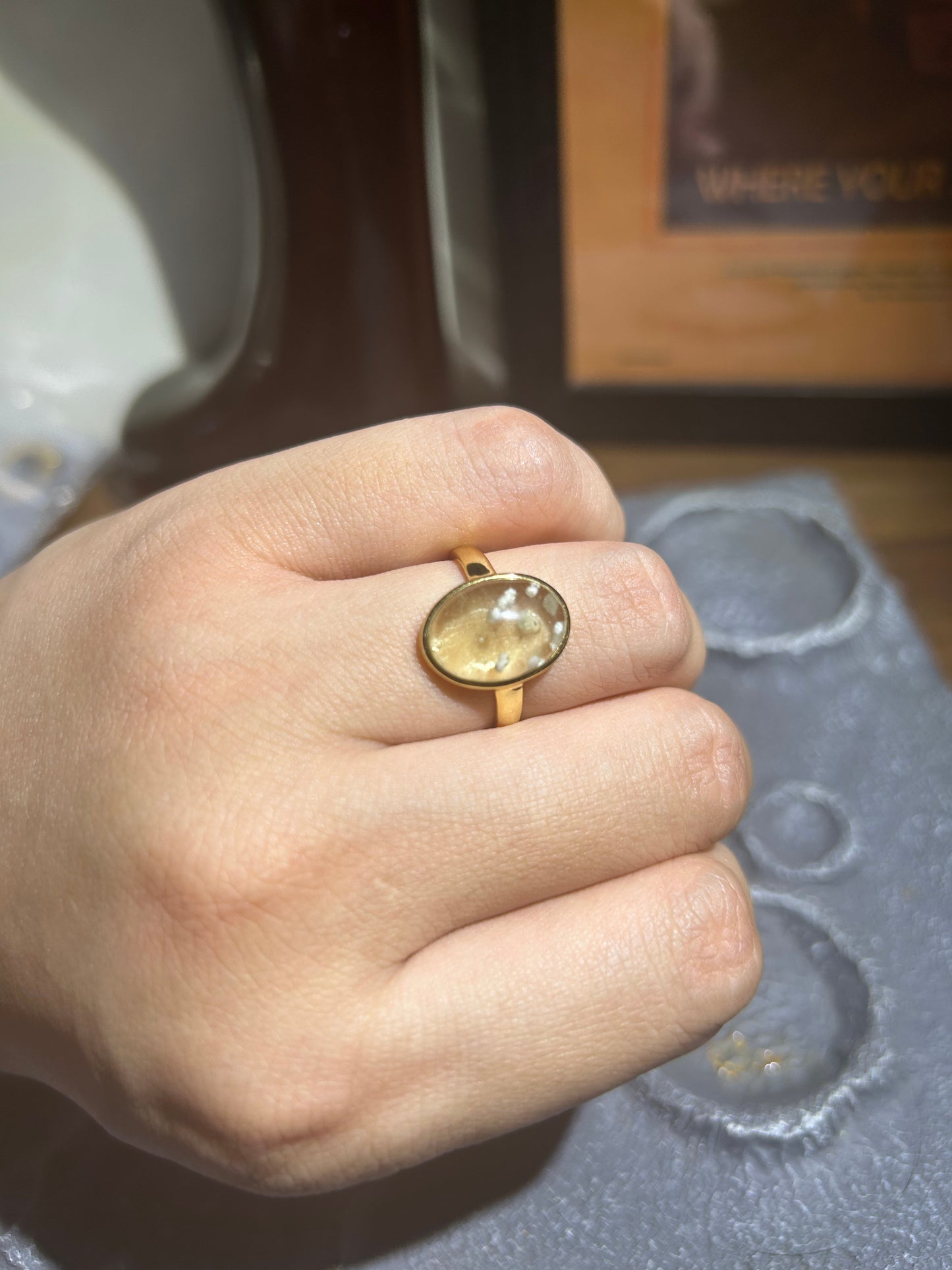 Libyan Desert Glass Ring, Pyramid Tetrahedron Statement Ring, Meteorite Impact Glass, Champagne Tektite, 925 Silver Gold Tone, Adjustable