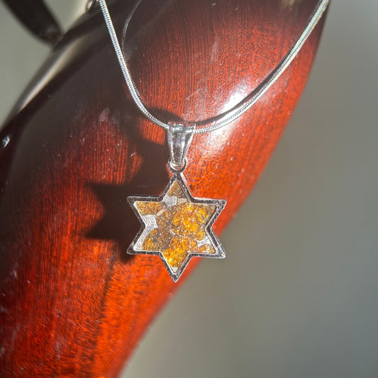Shield of Stars Pendant Necklace | Kenya Sericho Pallasite (Olivine Meteorite) Inlay | Cosmic Star Charm | Gift Box + COA | 18*18*2.5mm