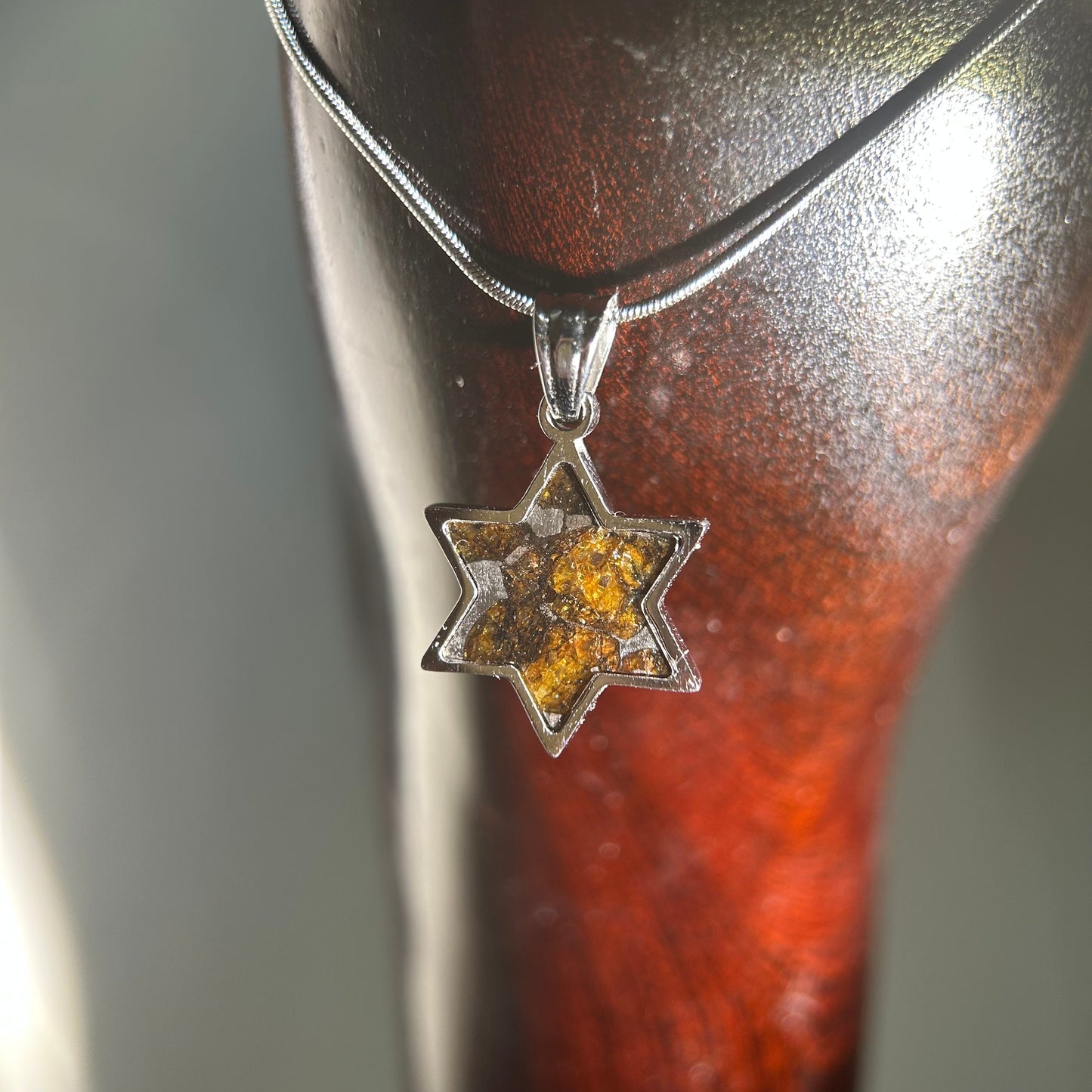 Shield of Stars Pendant Necklace | Kenya Sericho Pallasite (Olivine Meteorite) Inlay | Cosmic Star Charm | Gift Box + COA | 18*18*2.5mm