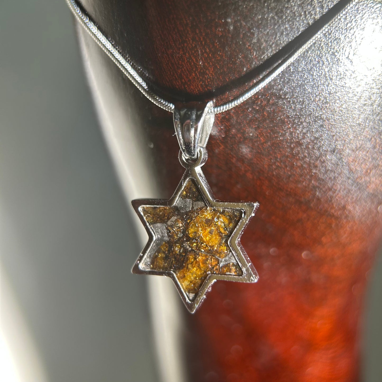 Shield of Stars Pendant Necklace | Kenya Sericho Pallasite (Olivine Meteorite) Inlay | Cosmic Star Charm | Gift Box + COA | 18*18*2.5mm
